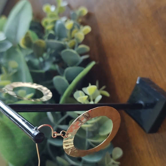 Solid 14k Gold Hammered Circle Earrings - Picture 2 of 6